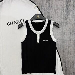 CHANEL Black Tank Top with White Crochet Trim